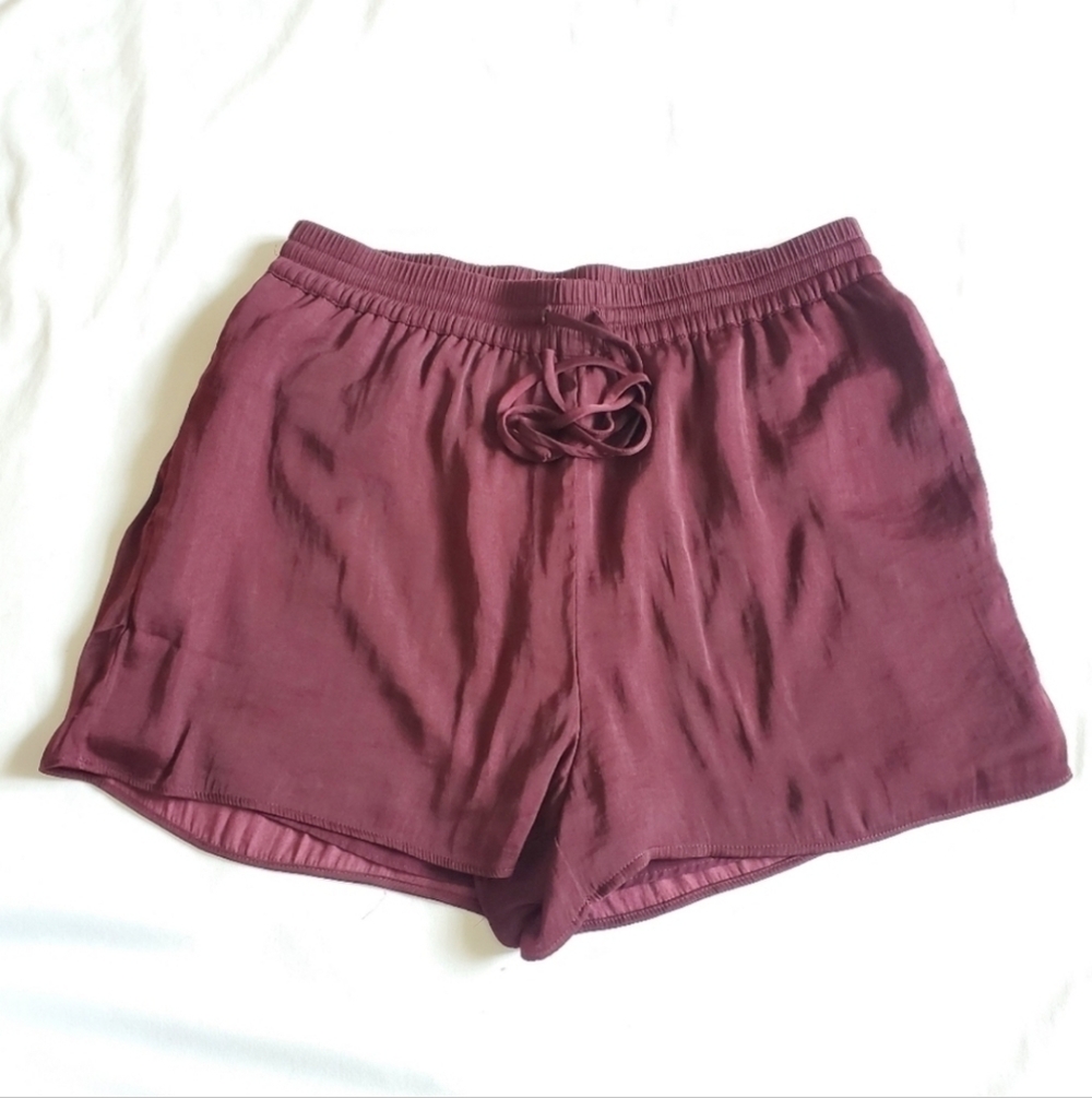 Naked Zebra Plum Burgundy Satin Feel Elastic Waist Drawstring Shorts Large